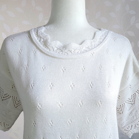 Vintage 60s College Point Pointelle Sweater Top Scallop Knit Short Sleeve Cream - Picture 3 of 13